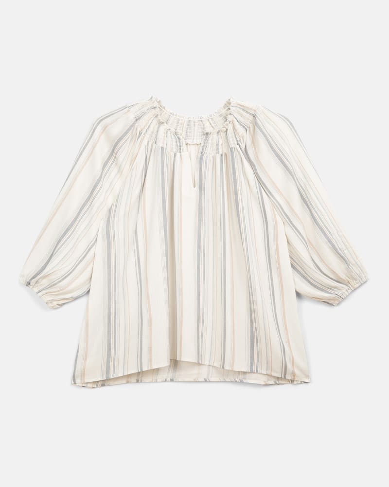 Front of a size 1X Dana Smocked Blouse in Ivory / Medium Wash by B Collection By Bobeau. | dia_product_style_image_id:207003